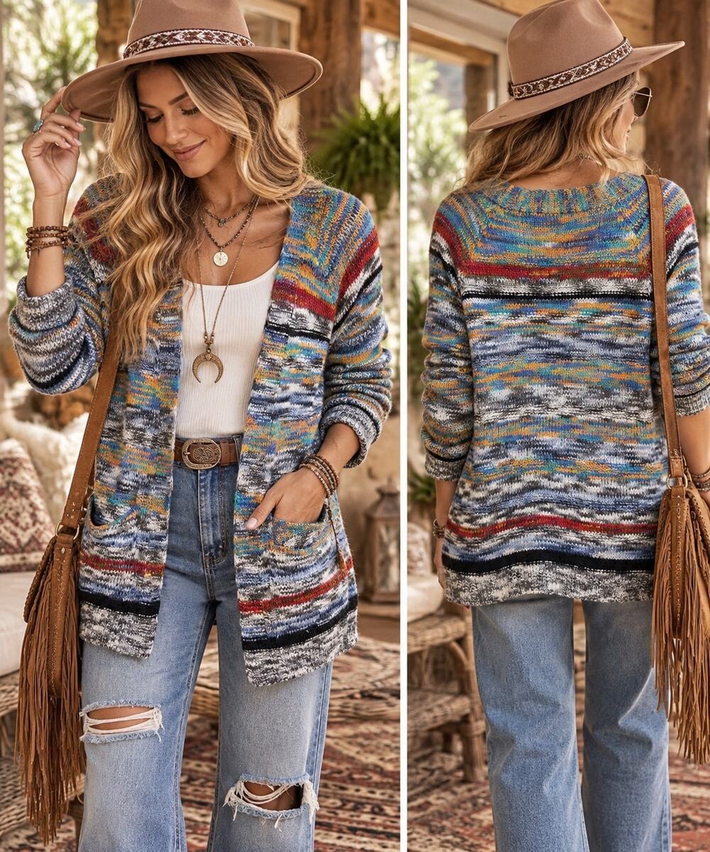 Boutique Multicolor Space Dye Cardigan Large Boho Open Front Pockets